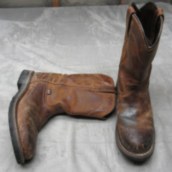 Justin Mens 8.5 D Work Boots Brown Wyoming Waterproof Leather Pull On Soft Toe